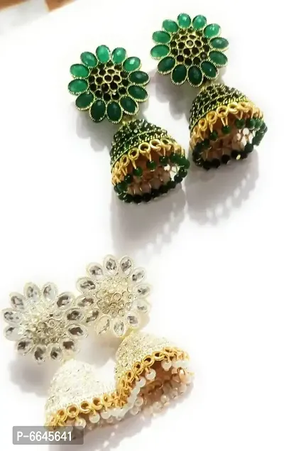 Oxidized greenandwhite color jhumki earrings