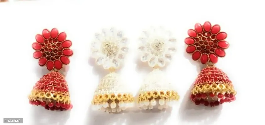 Oxidized whiteandred 2 pair drop jhumki earrings