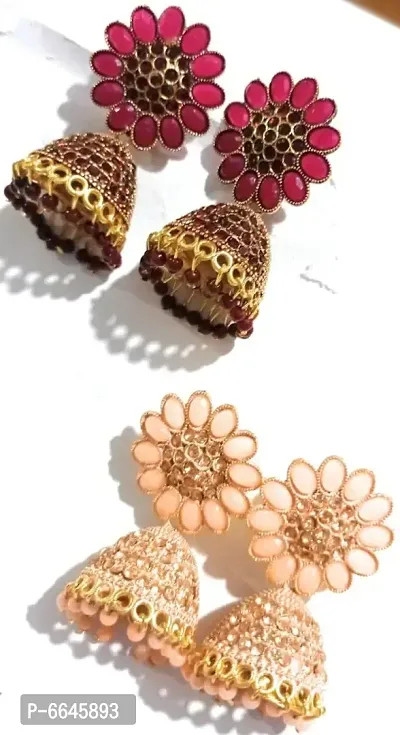 Oxidized floral peach and red jhumki 2 pair