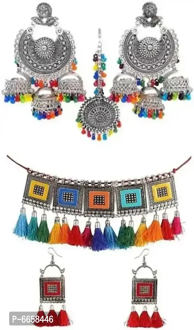 Trendy Alloy necklace with earrings and 3 jhumki with mangtika