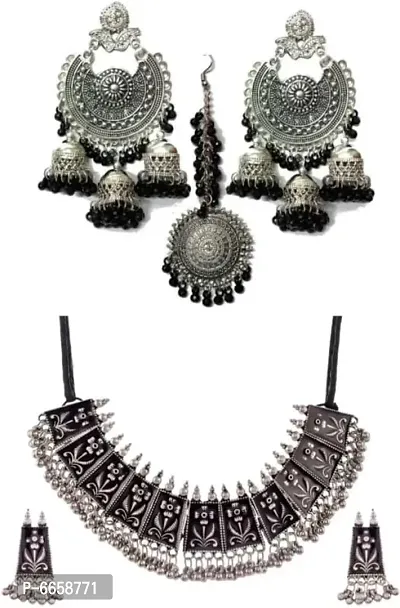 Black Alloy Silver Oxidized Choker Set Combo