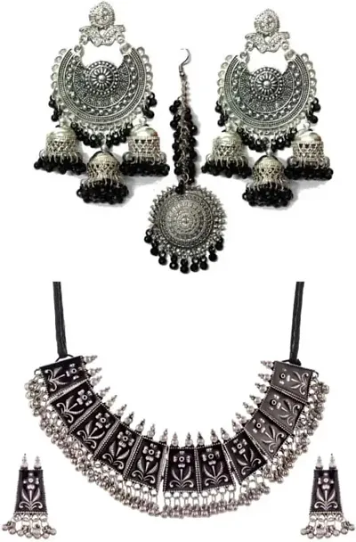 Partywear Alloy Silver Oxidized Choker Set Combo