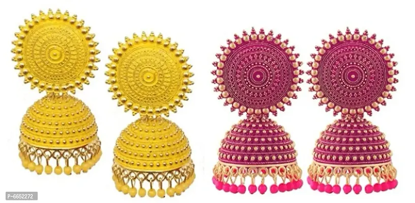 OXIDIZED YELLOW and PINK  DROP JHUMKI 2 PAIR