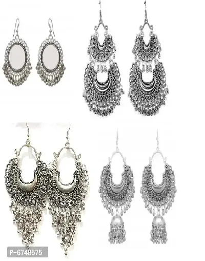Traditional, Unique  Antique Oxidised Silver Earrings 4 Pair