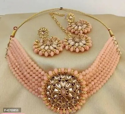 Gold Plated Pearl Choker Necklace Set (Peach)-thumb0