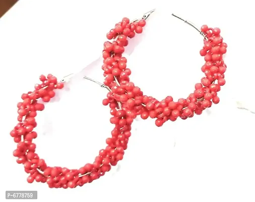 Dazzling Beads Work Earrings(Red)-thumb0