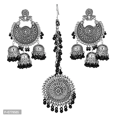 Stylish black round 3 jhumki earrings With tikka Set-thumb0