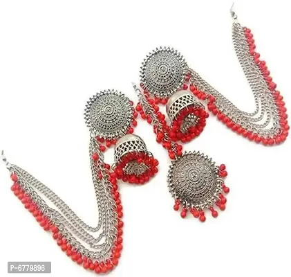 Stylish Oxidize silver earrings with mangtika( Red)