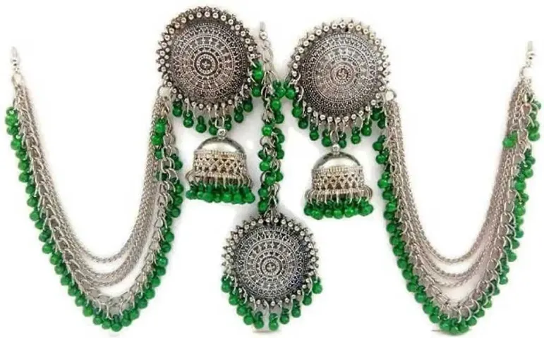 Oxidized Silver Beads Earrings With Tikka Set