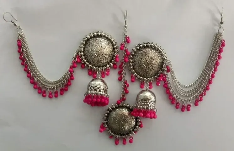 Oxidized Silver Beads Earrings With Tikka Set