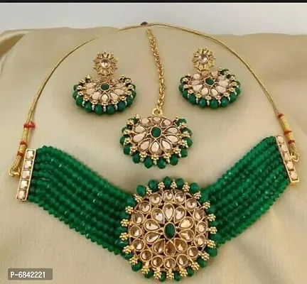 Dazzling Round Stone And Beads Work Necklace Earrings With Tikka Set( Green)-thumb0