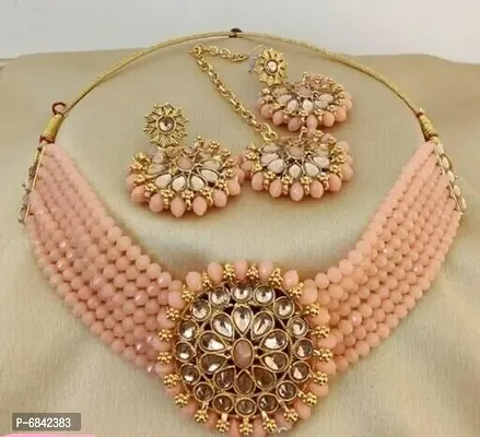 Dazzligs Stylish Stone And Beads Necklace Earrings With Tika Set (Peach)-thumb0