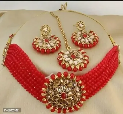 Dazzling Stylish Round Necklace With Earrings Tika Set (Red)-thumb0