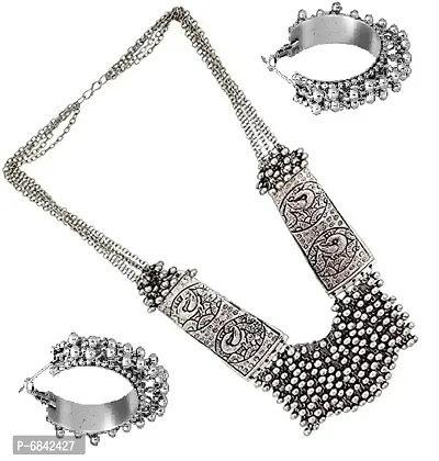 Dazzling Stylish Ghungroo Work Necklace With Earrings Set (Silver)