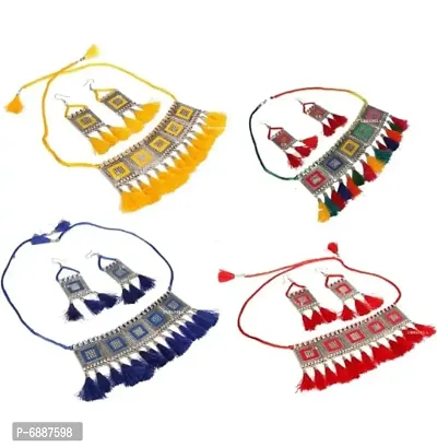 Combo of (4 pairs) Traditional Ethnic Style Meena Work With Cotton Threads Oxidized Choker Necklace set-thumb0