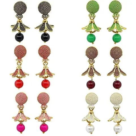 Multi-color Small Jhumki Party Use Ethnic Ear Rings Tops Pack Of 6 For Girls