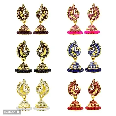 Golden Peacock Traditi - Multi-color Small Jhumki Peacock Design Golden Party Use Ethnic Ear Rings Tops Pack for Girls-thumb0
