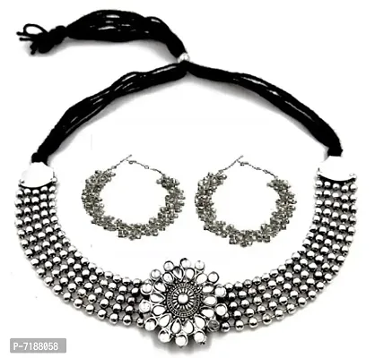 Fashion Latest Stylish Fancy Oxidised Silver Tribal Choker Necklace Jewellery Set for Women and girls