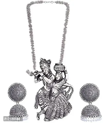 German Silver Oxidised Radha Krishna Necklace Earrings Jewellery Set for Women (Silver)-thumb0