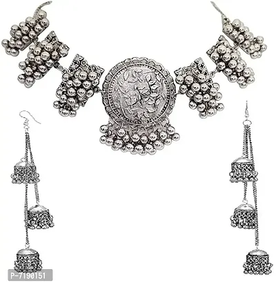 Jewellery Oxidised Silver Banjara Style Choker Necklace Set with Earring for Women  Girls-thumb0