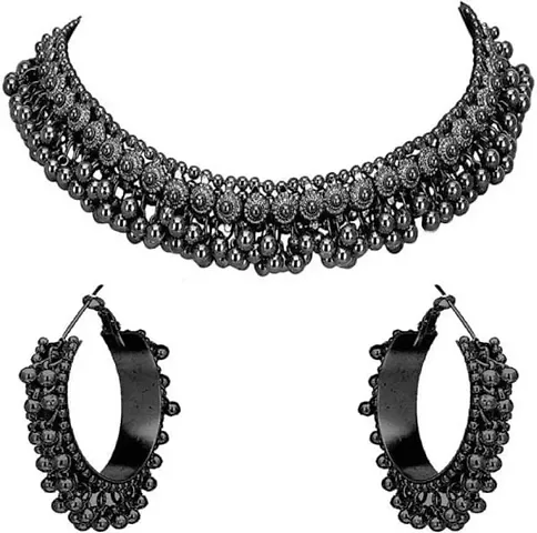 OXIDISED CHOKER WITH EARRING (BLACK)