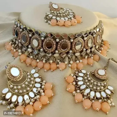 Peach mirror necklace with maangtika-thumb0