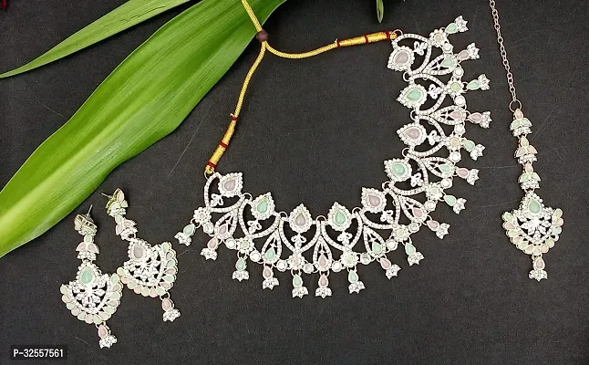 Necklace with Maang Tikka Earrings Indian Traditional Bridal Wedding Jewellery Set.-thumb0