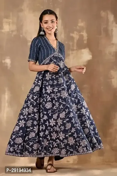 Trendy Rayon Anarkali Kurti for Women's Ethnic Wear Floral Printed Middi Gown Blue
