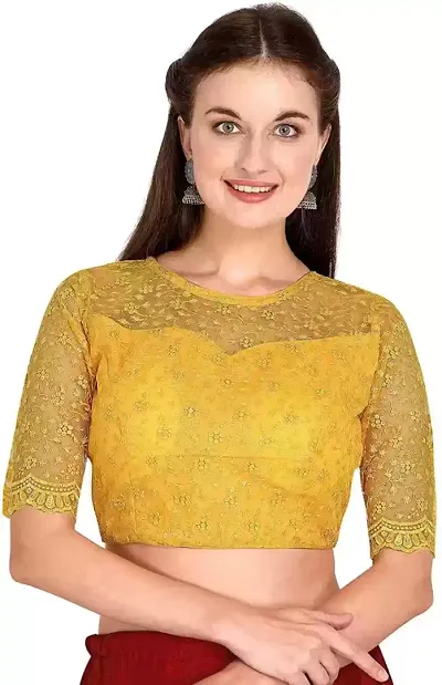 Fab Viva Women's Embroidered & Sequences Work Beige Net Blouse with Boat Neck Readymade Stylish Design