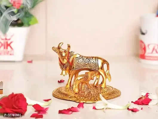 Gold Color Kamdhenu Cow with Calf Standing Metal StatueGau MATA Murti Lucky for HomeOfficeAnimal Showpiece  Decorative Gift Idol-thumb0