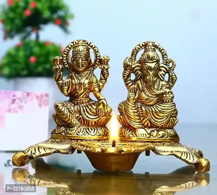 Golden Metal Handcrafted Decorative Goddess Lakshmi and Lord Ganesha Idols with Diya  Auspicious Exquisite Diya for Puja Room Home Office Temple Decor  Gift for Diwali Housewarmings