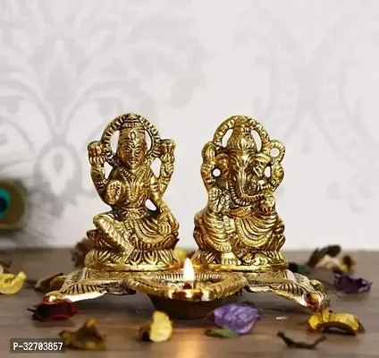 Golden Metal Handcrafted Decorative Goddess Lakshmi and Lord Ganesha Idols with Diya  Auspicious Exquisite Diya for Puja Room Home Office Temple Decor  Gift for Diwali Housewarmings-thumb0