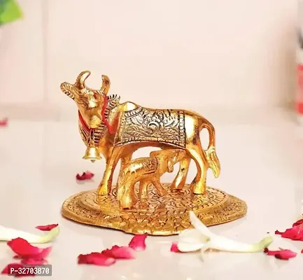 Metal Kamdhenu Cow with Calf Gold Finish Kamdhenu Cow Brass Handicraft for Home Decor Gift Item  Diwali Decoration Items-thumb0