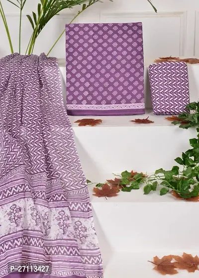Elegant Purple Cotton Printed Dress Material with Dupatta For Women
