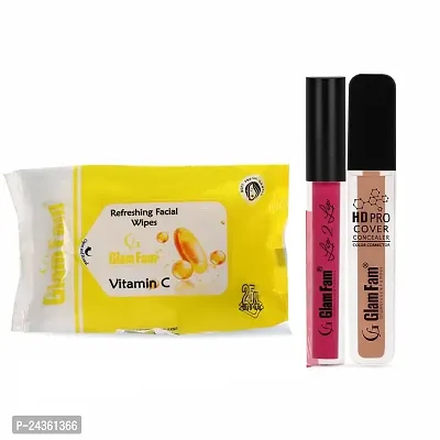 Glam Fam Daily Cleansing And Refreshing Wet Wipes With Vitamin C Wipes With Liquid Lip2Lip Color Lipstick and HD Pro Cover Cocealor
