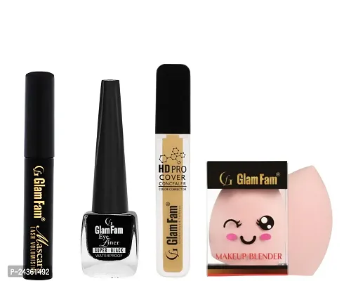 GLAMFAM Deep Black Waterproof Eyeliner Eye Mascara Liquid Concealer Matte Color With Makeup Blender (Face Makeup Set)
