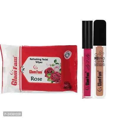 Glam Fam Daily Cleansing  Refreshing Wet Wipes With Rose Wipes With Liquid Lip2Lip Color Lipstick and HD Pro Cover Cocealor