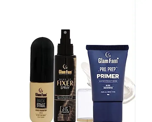 GLAM FAM Back Stage Oil Free Long Lasting Liquid Foundation (30ML), Insight Skin-Hydrating Pore Less Face Primer White Color - (30 ML) + Long lasting makeup Fixer Spray (Pack Of Three)