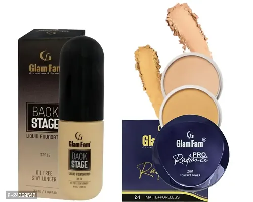 GLAM FAM Pro Rdiance 2 In 1 Compact Powder with Back Stage Oil Free Long Lasting Liquid Foundation - 30ML (Pack Of 2)-thumb0