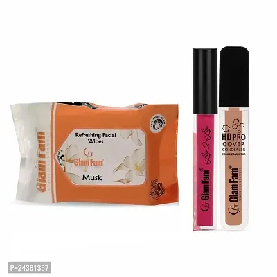 Glam Fam Daily Cleansing  Refreshing Wet Wipes With Musk Wipes With Liquid Lip2Lip Color Lipstick and HD Pro Cover Cocealor