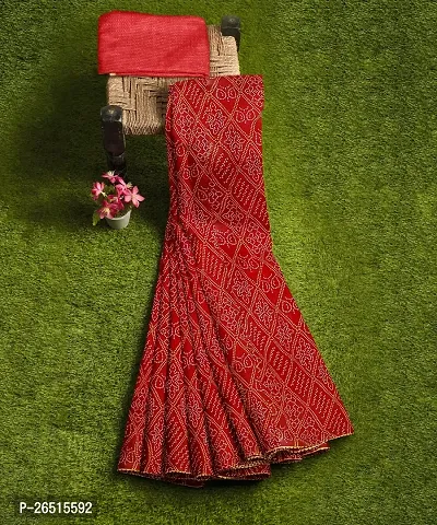 Women's Bandhani Printed  Lace Chiffon Saree with Blouse (Red)-thumb4