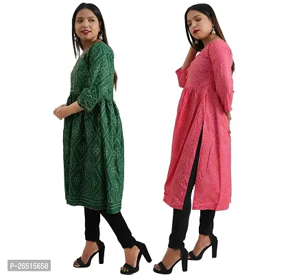 Combo 2 Women Fashionable Fit Cotton Round Neck Anarkali, Nyra Cut Kurta Kurti Solid Floral Party, Western Dresses for Girls in Green, Pink Color Pack of 1.-thumb3