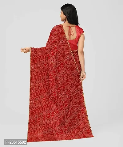 Women's Bandhani Printed  Lace Chiffon Saree with Blouse (Red)-thumb2