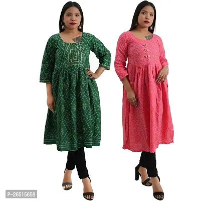 Combo 2 Women Fashionable Fit Cotton Round Neck Anarkali, Nyra Cut Kurta Kurti Solid Floral Party, Western Dresses for Girls in Green, Pink Color Pack of 1.-thumb0