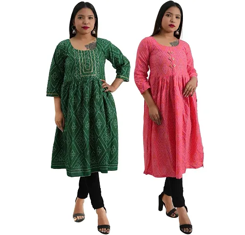 Combo 2 Women Fashionable Fit Round Neck Anarkali, Nyra Cut Kurta Kurti Solid Floral Party, Western Dresses for Girls in Green, Color Pack of 1.