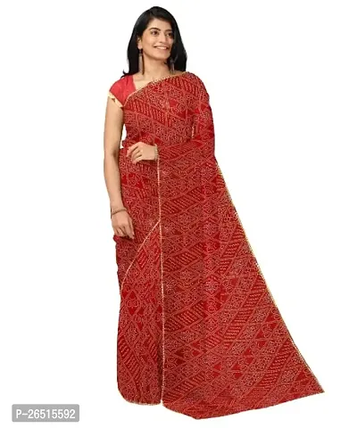 Women's Bandhani Printed  Lace Chiffon Saree with Blouse (Red)-thumb0