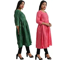 Combo 2 Women Fashionable Fit Cotton Round Neck Anarkali, Nyra Cut Kurta Kurti Solid Floral Party, Western Dresses for Girls in Green, Pink Color Pack of 1.-thumb3