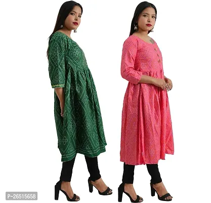 Combo 2 Women Fashionable Fit Cotton Round Neck Anarkali, Nyra Cut Kurta Kurti Solid Floral Party, Western Dresses for Girls in Green, Pink Color Pack of 1.-thumb4