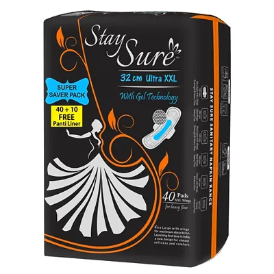 Stay Sure Ultra Thin XXL Overnight 40 Pads + 10 Panty Liners (Free Inside)