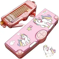 Unicorn Theme Buttons Operated Magnetic Pencil Stationery Box with Accessories (Set of 1, Pink)-thumb1